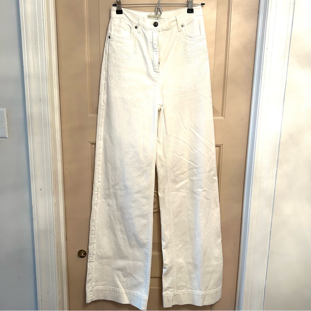 Rare ETRO Sz 27 x 34 white cotton embroidered wideleg Jean fringe edge hi waist - Picture 2 of 15
